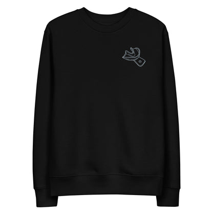 Minimalistischer Unisex-Bio-Pullover mit gesticktem Unterkiefer-Abdrucklöffel-Motiv auf der Brust – cleaner Dental-Streetwear-Look in Schwarz und Weiß