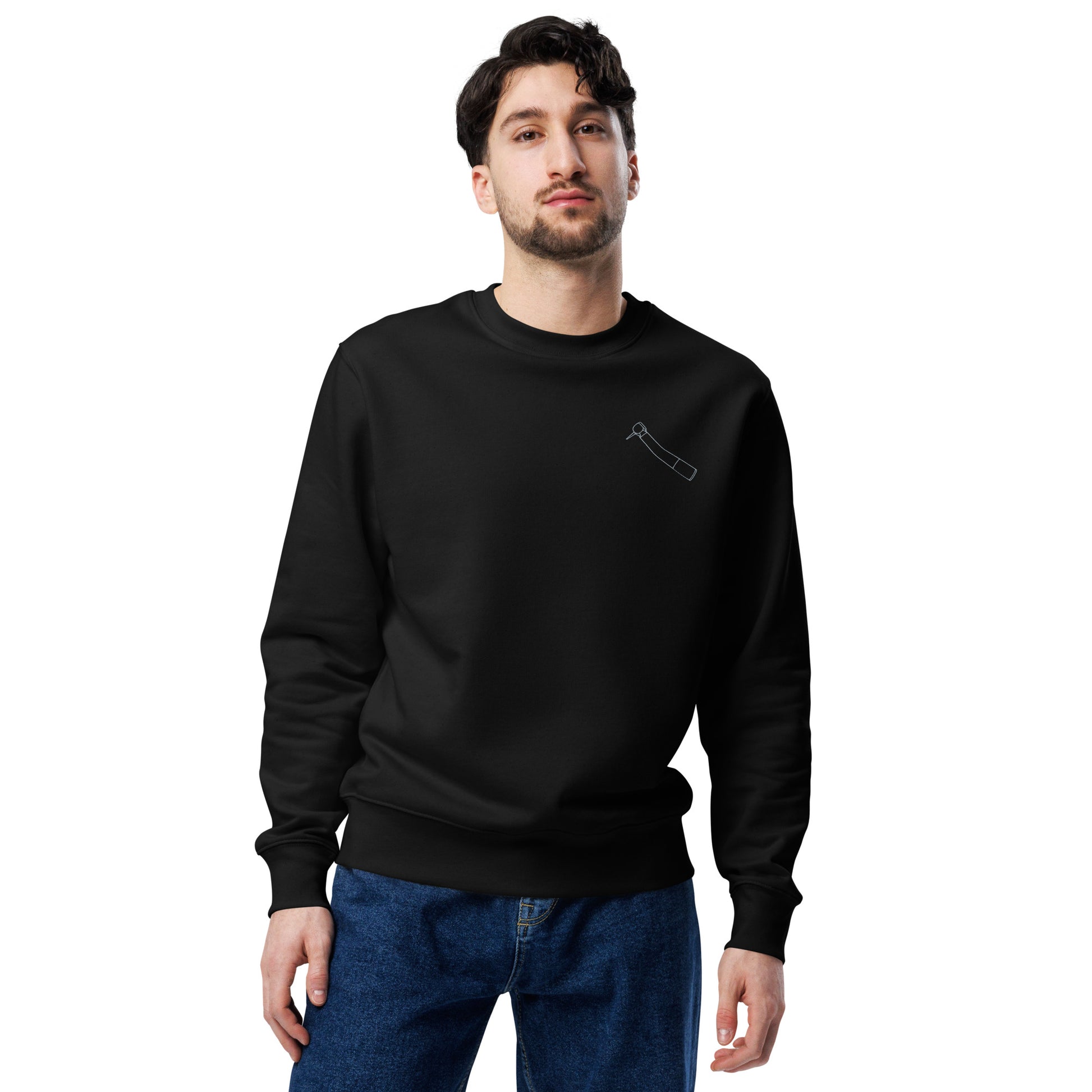 Minimalistischer Unisex-Bio-Pullover mit kleinem gesticktem Winkelstück-Motiv in Schwarz oder Weiß – cleaner Dental-Streetwear-Look für Alltag, Uni und Praxis