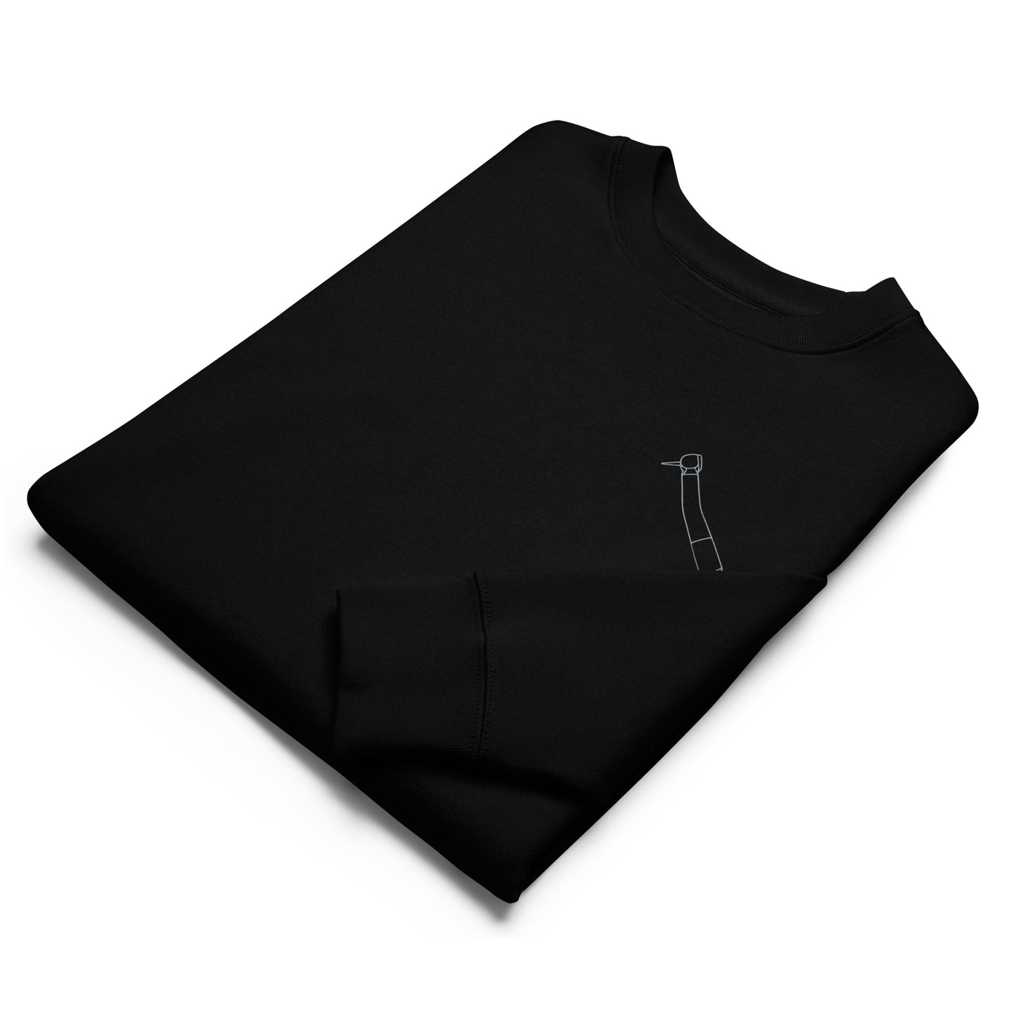 Minimalistischer Unisex-Bio-Pullover mit kleinem gesticktem Winkelstück-Motiv in Schwarz oder Weiß – cleaner Dental-Streetwear-Look für Alltag, Uni und Praxis