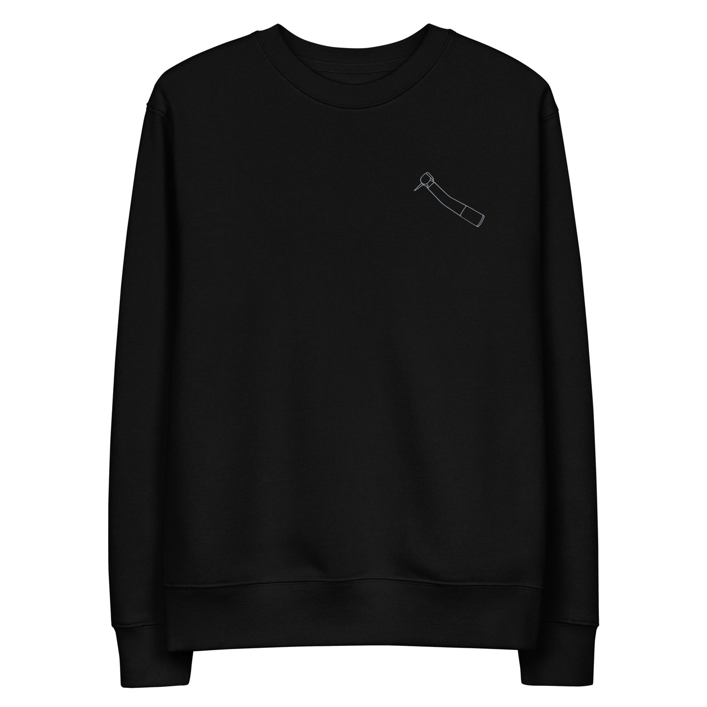 Minimalistischer Unisex-Bio-Pullover mit kleinem gesticktem Winkelstück-Motiv in Schwarz oder Weiß – cleaner Dental-Streetwear-Look für Alltag, Uni und Praxis