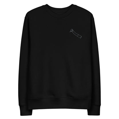 Minimalistischer Unisex-Bio-Pullover mit kleinem gesticktem Winkelstück-Motiv in Schwarz oder Weiß – cleaner Dental-Streetwear-Look für Alltag, Uni und Praxis
