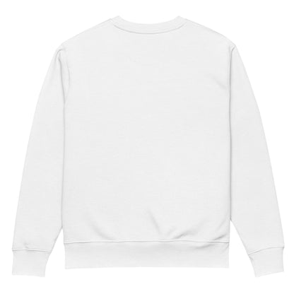 Weißer Unisex Bio-Pullover mit kleinem minimalistischen „dam-it.“-Kofferdam-Motiv auf der Brust – cleaner Dental-Sweater für Endodontie- und Zahnmedizin-Fans