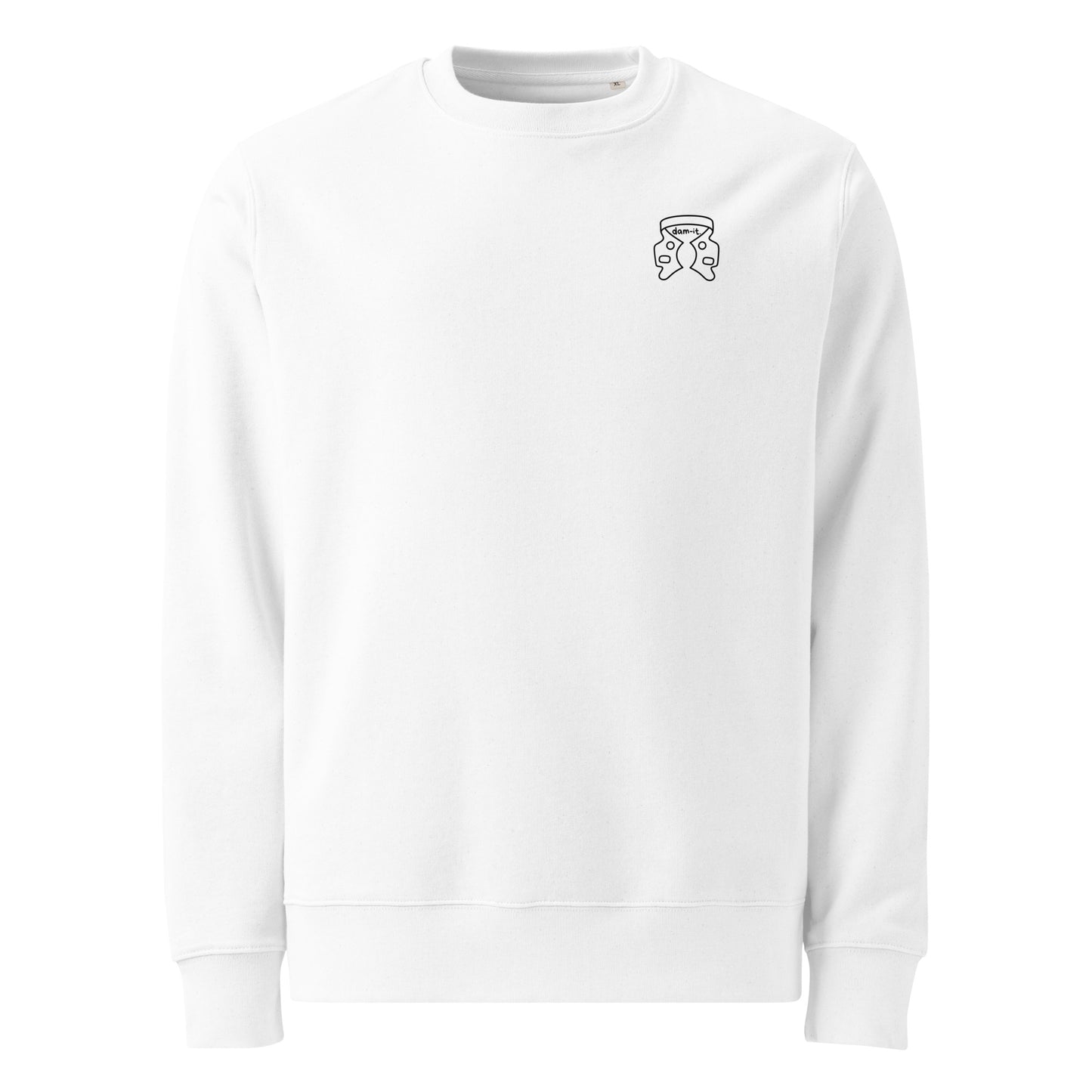 Weißer Unisex Bio-Pullover mit kleinem minimalistischen „dam-it.“-Kofferdam-Motiv auf der Brust – cleaner Dental-Sweater für Endodontie- und Zahnmedizin-Fans