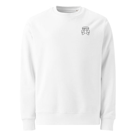 Weißer Unisex Bio-Pullover mit kleinem minimalistischen „dam-it.“-Kofferdam-Motiv auf der Brust – cleaner Dental-Sweater für Endodontie- und Zahnmedizin-Fans