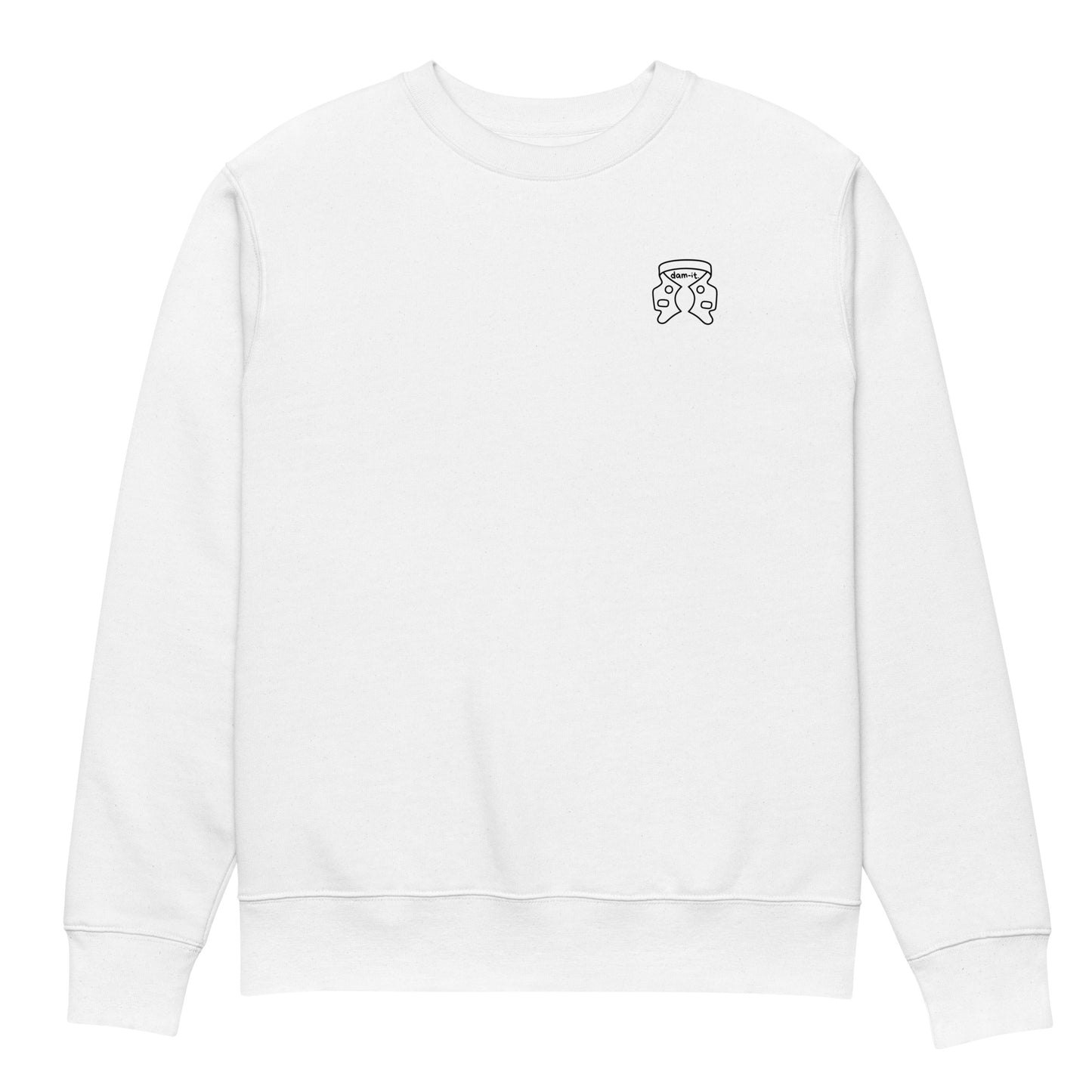 Weißer Unisex Bio-Pullover mit kleinem minimalistischen „dam-it.“-Kofferdam-Motiv auf der Brust – cleaner Dental-Sweater für Endodontie- und Zahnmedizin-Fans