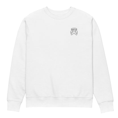 Weißer Unisex Bio-Pullover mit kleinem minimalistischen „dam-it.“-Kofferdam-Motiv auf der Brust – cleaner Dental-Sweater für Endodontie- und Zahnmedizin-Fans