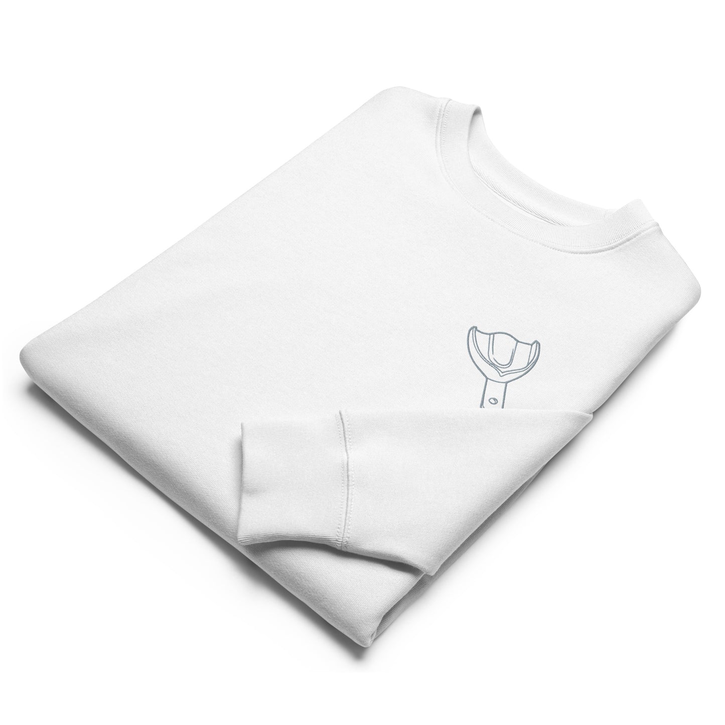 Minimalistischer Unisex Bio-Pullover mit kleinem gesticktem Oberkiefer-Abdrucklöffel-Motiv auf der Brust – cleaner Dental-Sweater in Schwarz oder Weiß