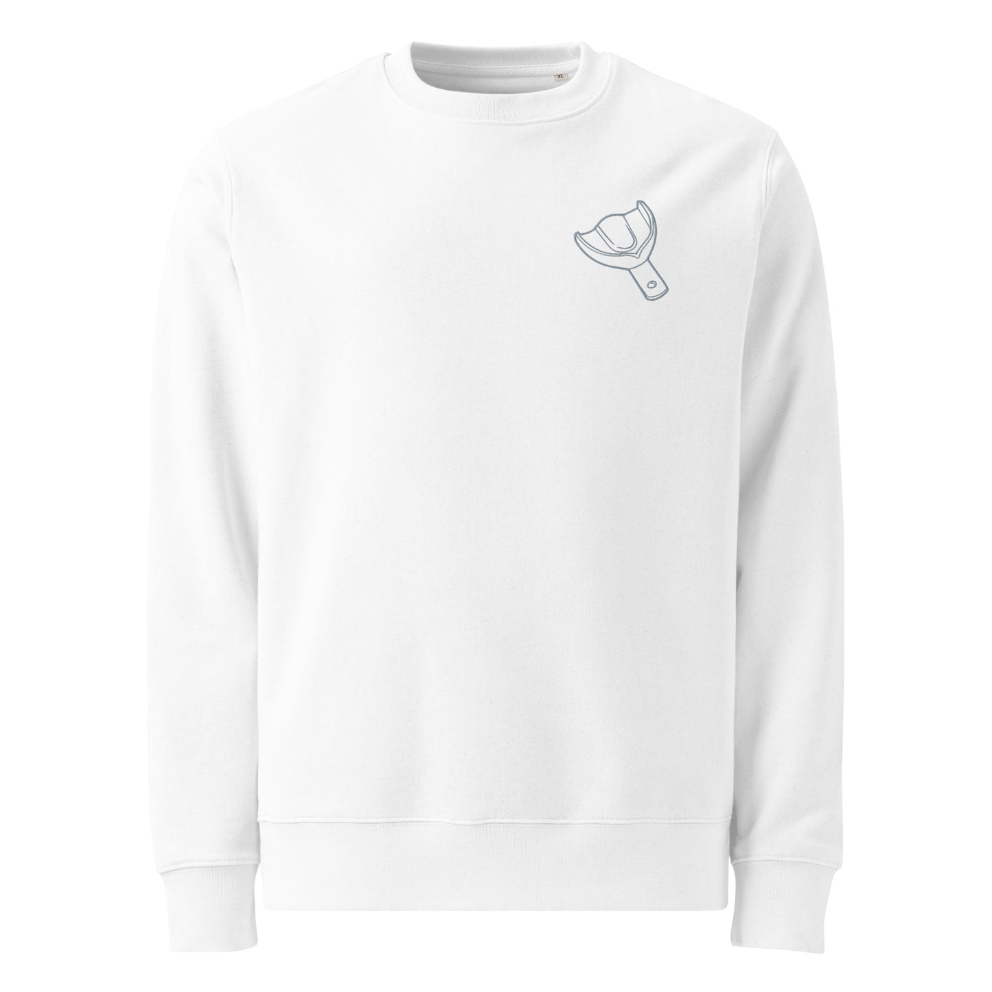 Minimalistischer Unisex Bio-Pullover mit kleinem gesticktem Oberkiefer-Abdrucklöffel-Motiv auf der Brust – cleaner Dental-Sweater in Schwarz oder Weiß