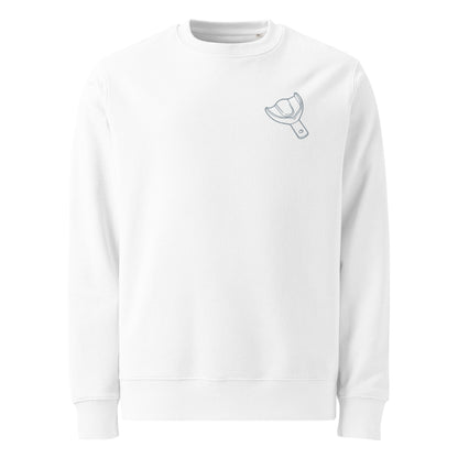 Minimalistischer Unisex Bio-Pullover mit kleinem gesticktem Oberkiefer-Abdrucklöffel-Motiv auf der Brust – cleaner Dental-Sweater in Schwarz oder Weiß