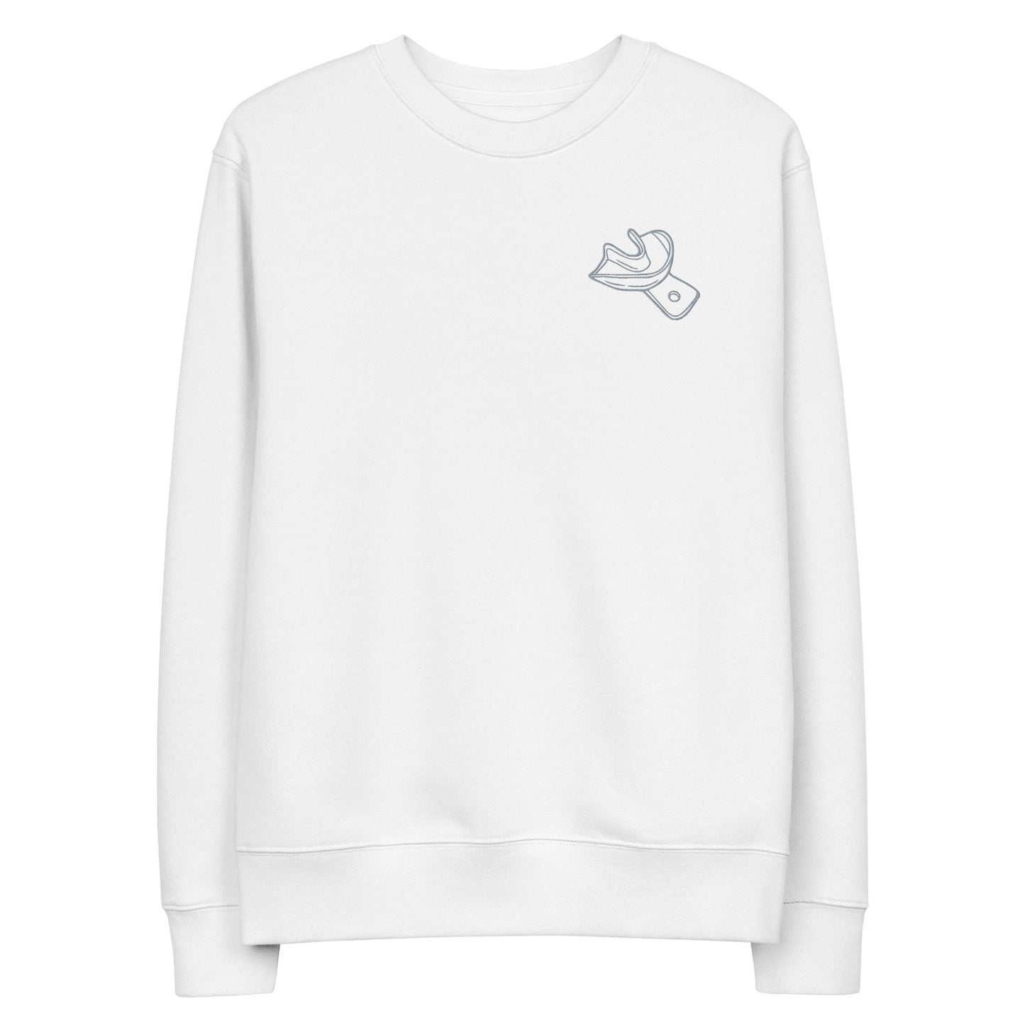 Minimalistischer Unisex-Bio-Pullover mit gesticktem Unterkiefer-Abdrucklöffel-Motiv auf der Brust – cleaner Dental-Streetwear-Look in Schwarz und Weiß