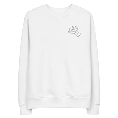 Minimalistischer Unisex-Bio-Pullover mit gesticktem Unterkiefer-Abdrucklöffel-Motiv auf der Brust – cleaner Dental-Streetwear-Look in Schwarz und Weiß