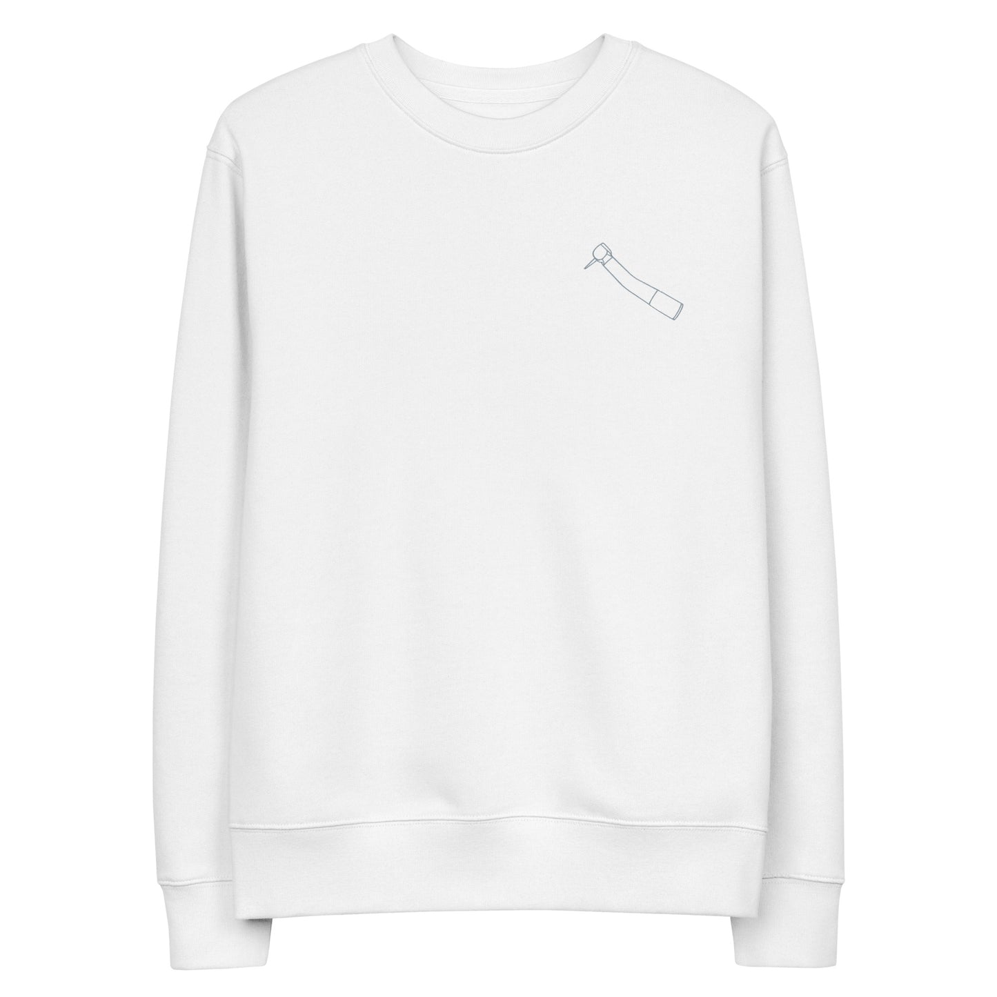 Minimalistischer Unisex-Bio-Pullover mit kleinem gesticktem Winkelstück-Motiv in Schwarz oder Weiß – cleaner Dental-Streetwear-Look für Alltag, Uni und Praxis