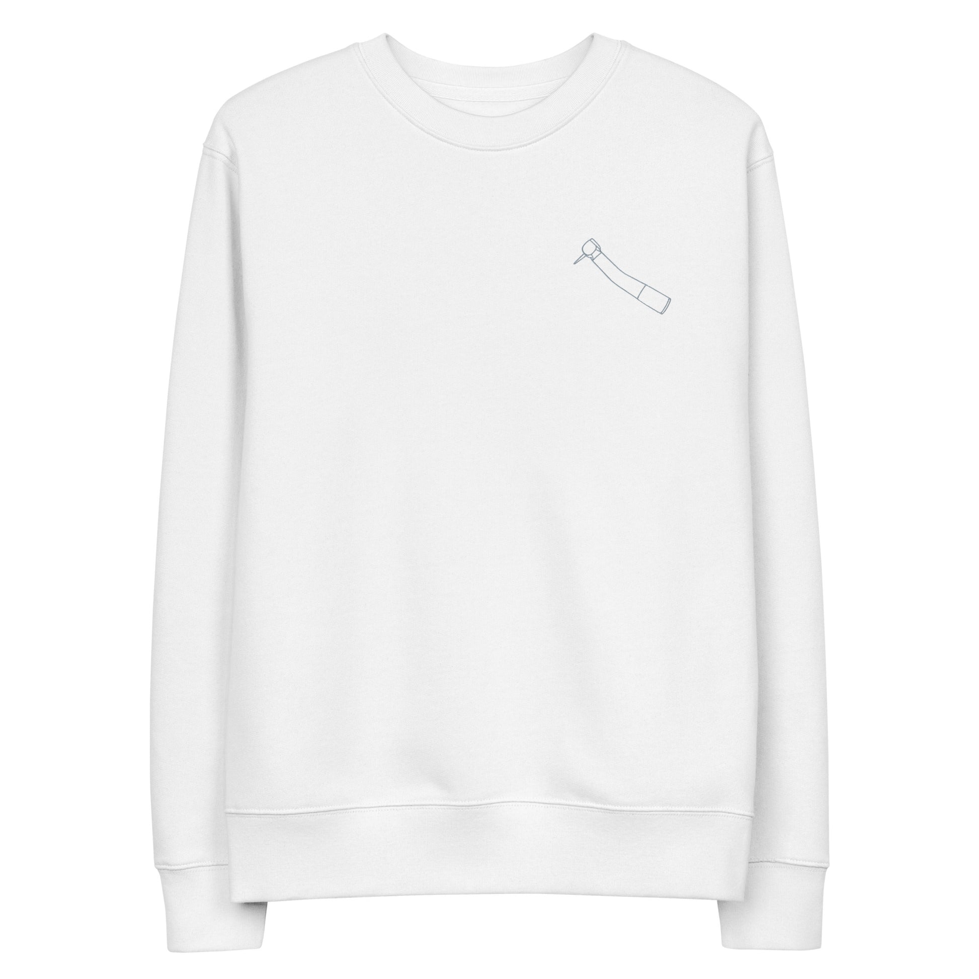 Minimalistischer Unisex-Bio-Pullover mit kleinem gesticktem Winkelstück-Motiv in Schwarz oder Weiß – cleaner Dental-Streetwear-Look für Alltag, Uni und Praxis