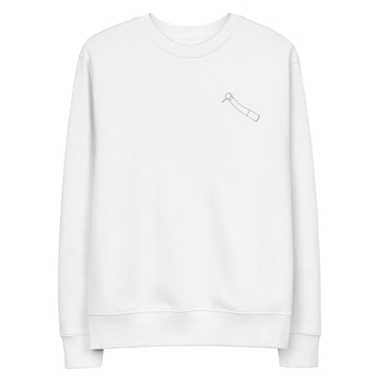 Minimalistischer Unisex-Bio-Pullover mit kleinem gesticktem Winkelstück-Motiv in Schwarz oder Weiß – cleaner Dental-Streetwear-Look für Alltag, Uni und Praxis