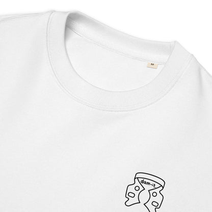 Weißer Unisex Bio-Pullover mit kleinem minimalistischen „dam-it.“-Kofferdam-Motiv auf der Brust – cleaner Dental-Sweater für Endodontie- und Zahnmedizin-Fans