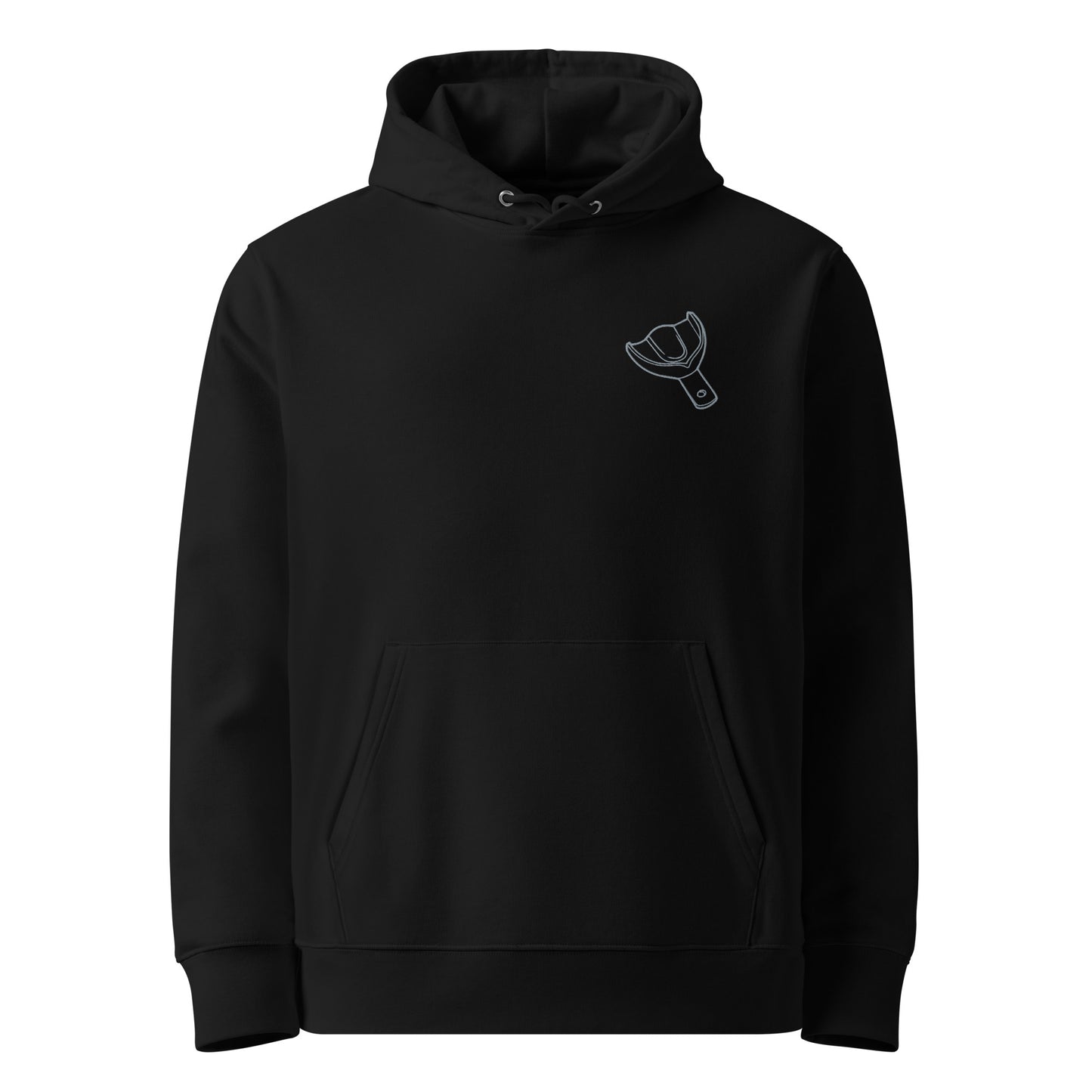 Umweltfreundlicher Unisex-Kapuzenpullover mit kleinem gesticktem Oberkiefer-Abdrucklöffel-Motiv auf der Brust – minimalistischer Dental-Hoodie in Schwarz oder Weiß