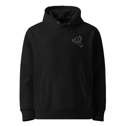 Umweltfreundlicher Unisex-Kapuzenpullover mit kleinem gesticktem Oberkiefer-Abdrucklöffel-Motiv auf der Brust – minimalistischer Dental-Hoodie in Schwarz oder Weiß
