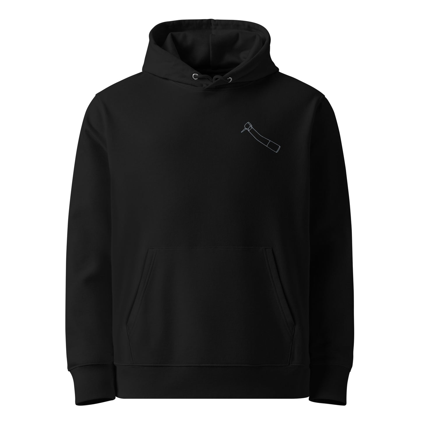 Minimalistischer Unisex-Bio-Hoodie mit kleinem gesticktem Winkelstück-Motiv in Schwarz oder Weiß – cleaner Dental-Streetwear-Look für Alltag, Uni und Praxis