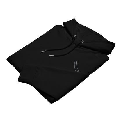Minimalistischer Unisex-Bio-Hoodie mit kleinem gesticktem Winkelstück-Motiv in Schwarz oder Weiß – cleaner Dental-Streetwear-Look für Alltag, Uni und Praxis