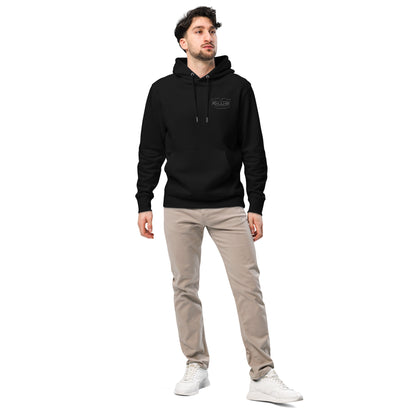 Schwarzer Premium-Bio-Hoodie mit kleinem gesticktem Totalprothesen-Motiv auf der Brust – minimalistischer Dental-Streetwear-Look für Praxis, Uni und Alltag