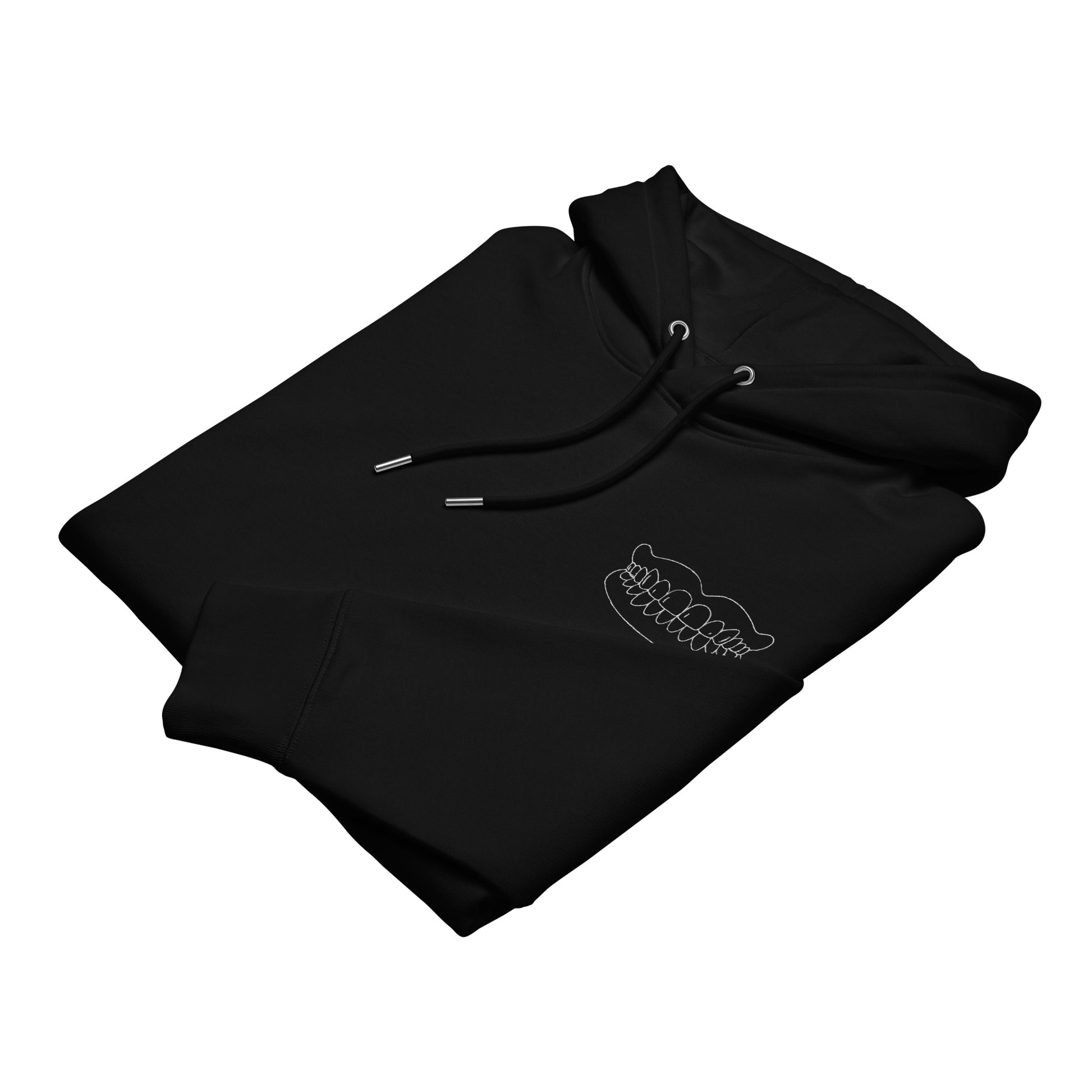 Schwarzer Premium-Bio-Hoodie mit kleinem gesticktem Totalprothesen-Motiv auf der Brust – minimalistischer Dental-Streetwear-Look für Praxis, Uni und Alltag