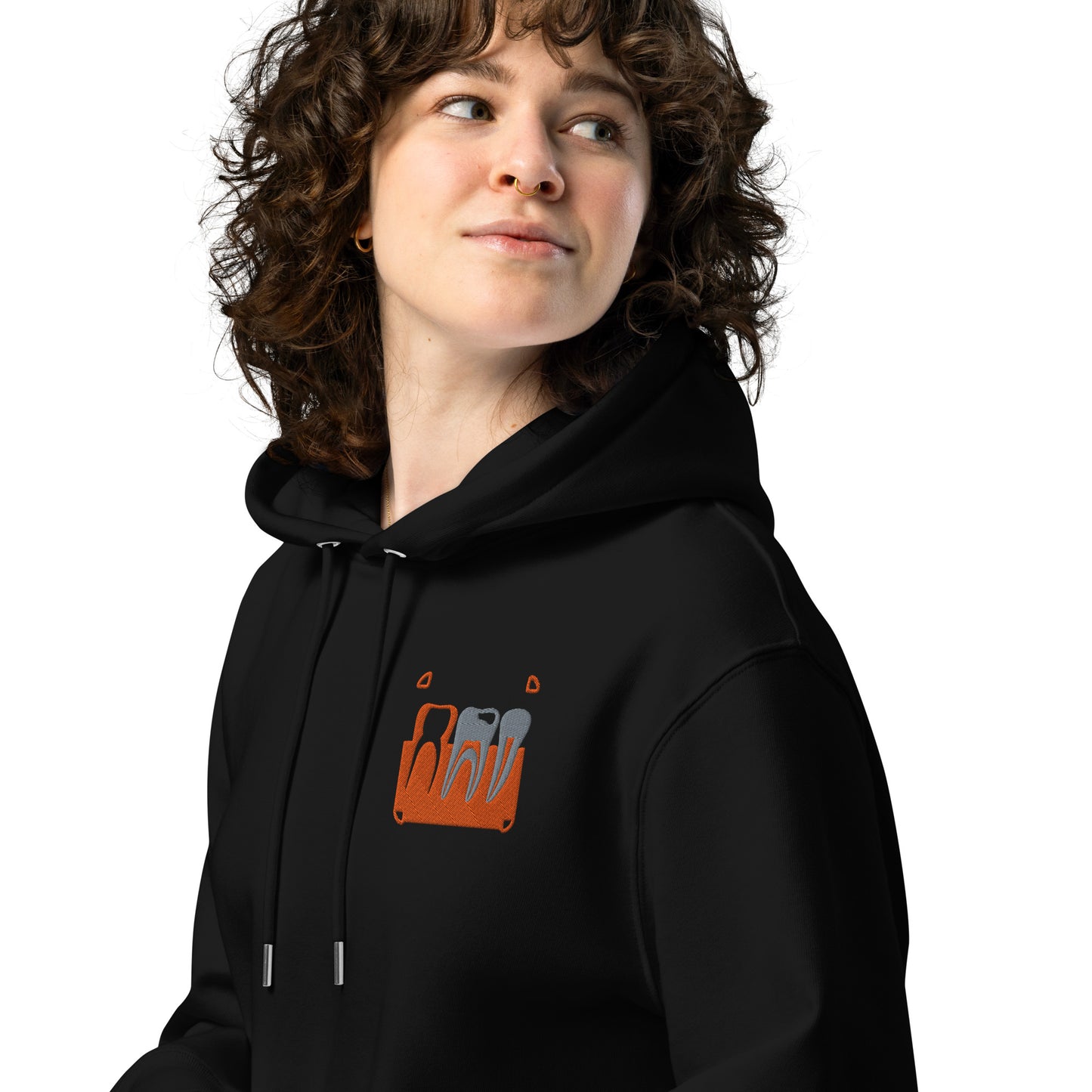 Unisex Bio-Kapuzenpullover mit kleinem gesticktem Retro-Röntgenmotiv im Pop-up-Stil auf der Brust – minimalistischer Hoodie für Zahnmedizin- und Dental-Aesthetic-Fans in Schwarz oder Weiß