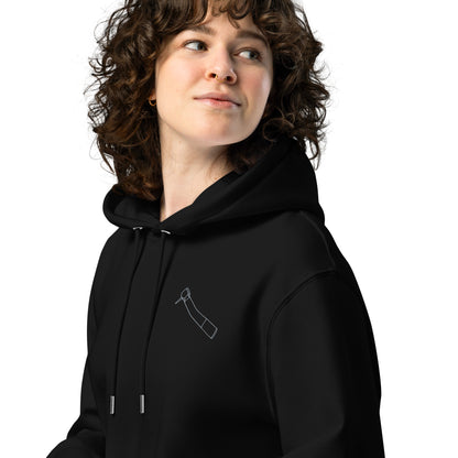 Minimalistischer Unisex-Bio-Hoodie mit kleinem gesticktem Winkelstück-Motiv in Schwarz oder Weiß – cleaner Dental-Streetwear-Look für Alltag, Uni und Praxis