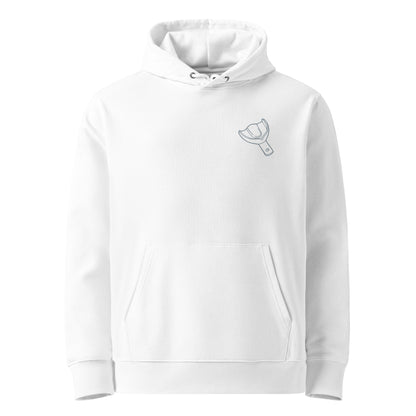 Umweltfreundlicher Unisex-Kapuzenpullover mit kleinem gesticktem Oberkiefer-Abdrucklöffel-Motiv auf der Brust – minimalistischer Dental-Hoodie in Schwarz oder Weiß