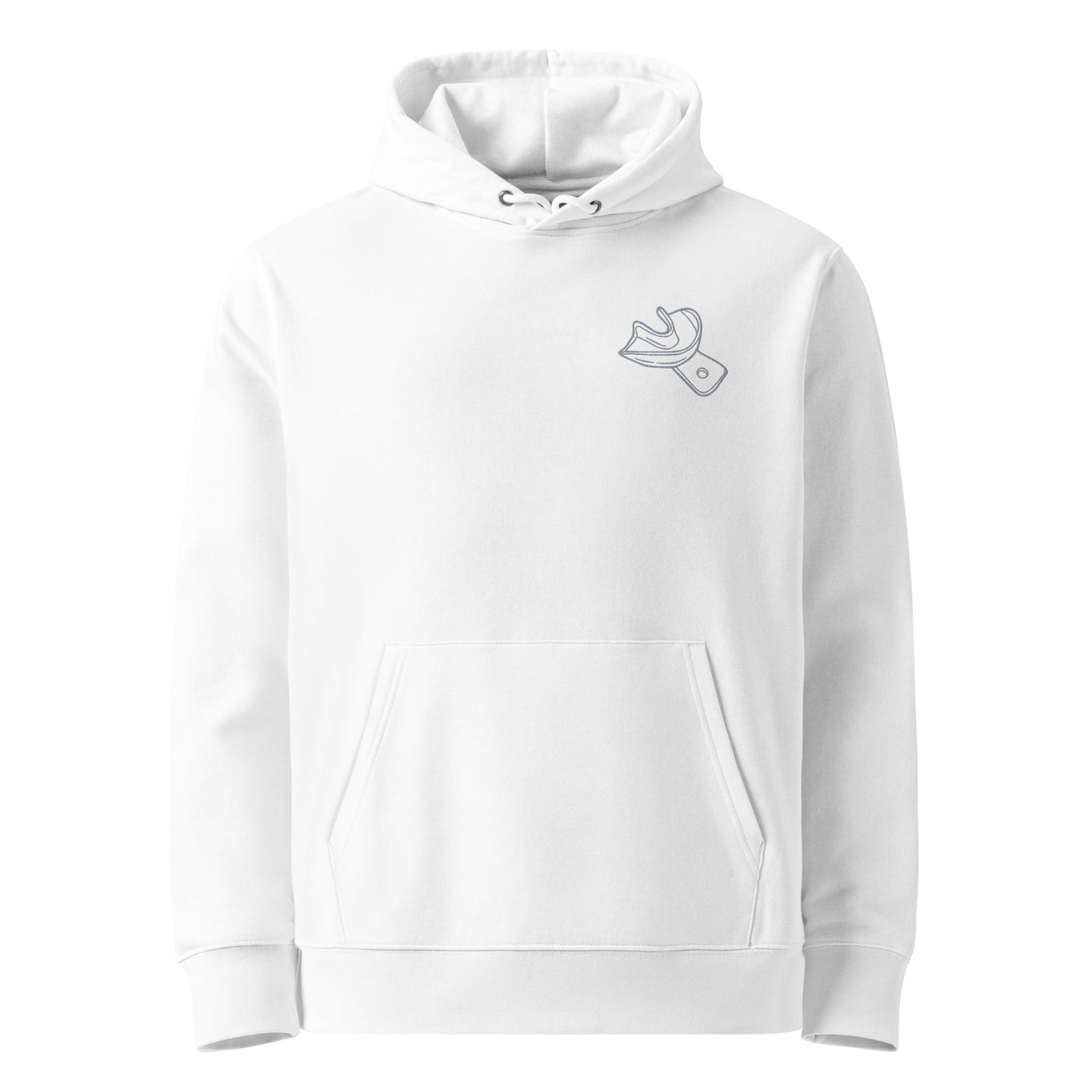 Umweltfreundlicher Unisex-Bio-Kapuzenpullover mit gesticktem Unterkiefer-Abdrucklöffel-Motiv – minimalistischer Dental-Hoodie in Schwarz und Weiß mit cleanem Streetwear-Look