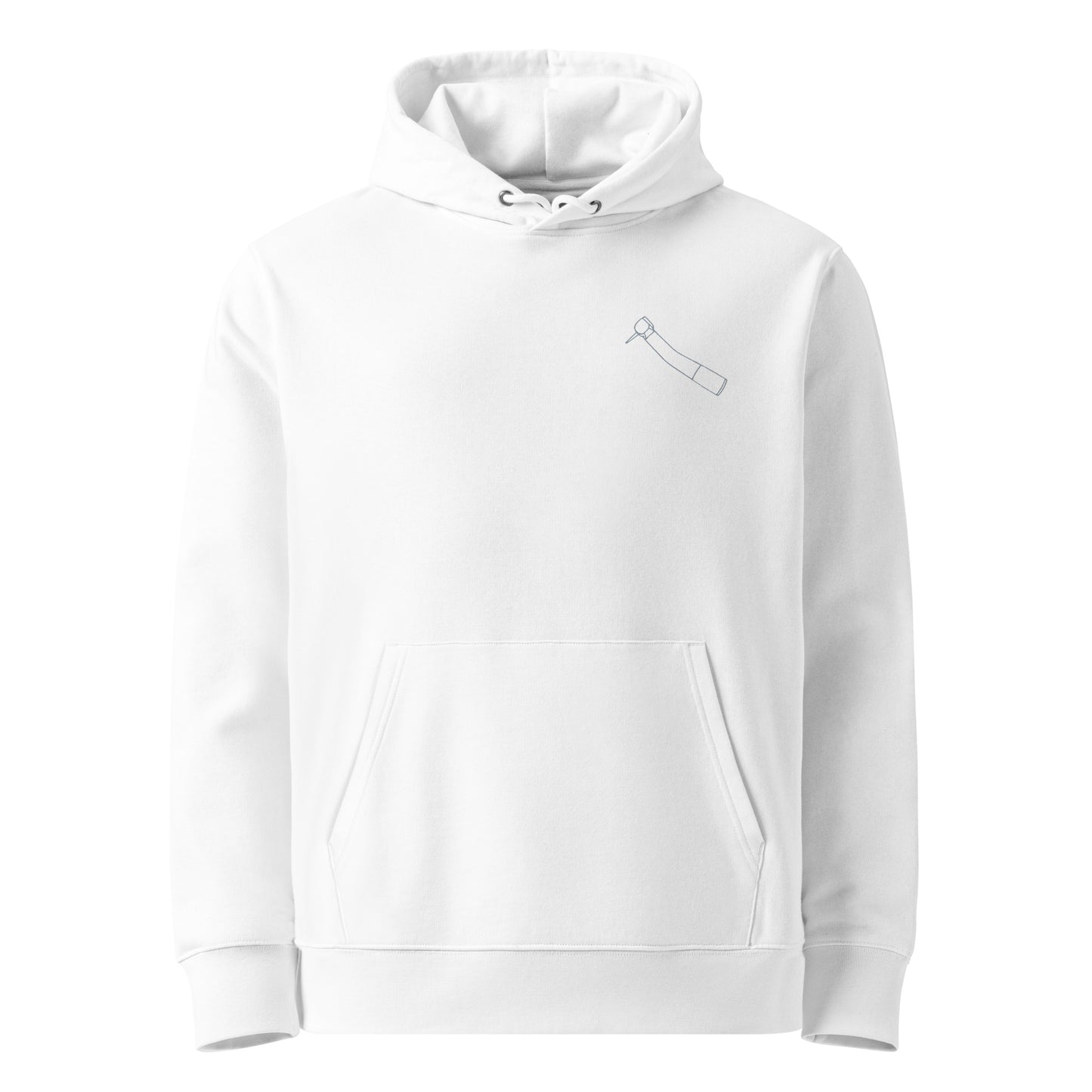 Minimalistischer Unisex-Bio-Hoodie mit kleinem gesticktem Winkelstück-Motiv in Schwarz oder Weiß – cleaner Dental-Streetwear-Look für Alltag, Uni und Praxis