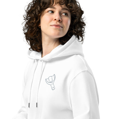 Umweltfreundlicher Unisex-Kapuzenpullover mit kleinem gesticktem Oberkiefer-Abdrucklöffel-Motiv auf der Brust – minimalistischer Dental-Hoodie in Schwarz oder Weiß