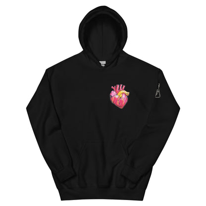 Unisex-Hoodie mit farbigem anatomischem Herzmotiv und MeDenSci-Logo auf dem Ärmel