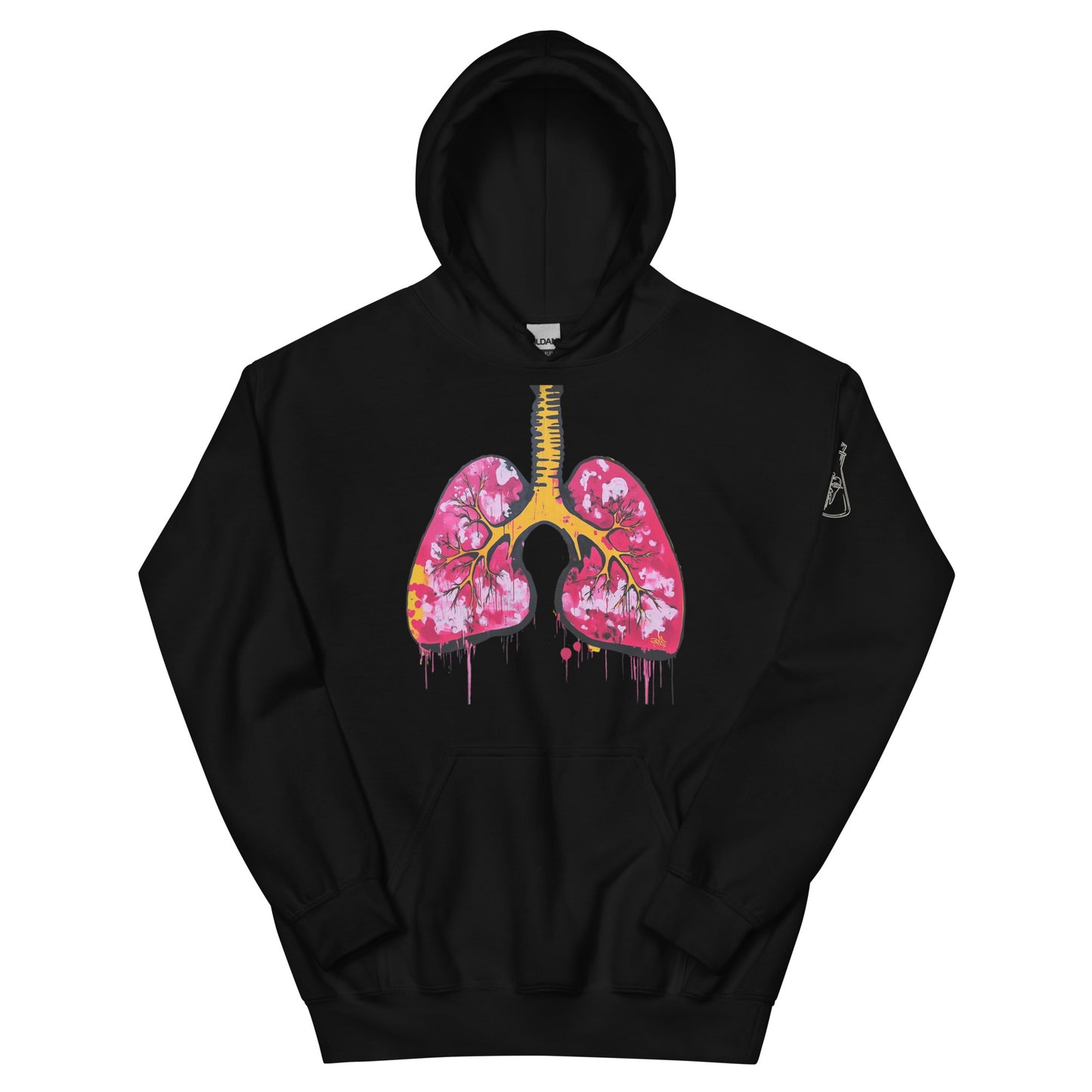 Unisex-Hoodie mit farbigem anatomischem Lungenmotiv und MeDenSci-Logo auf dem linken Ärmel