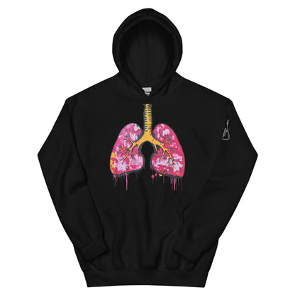 Unisex-Hoodie mit farbigem anatomischem Lungenmotiv und MeDenSci-Logo auf dem linken Ärmel