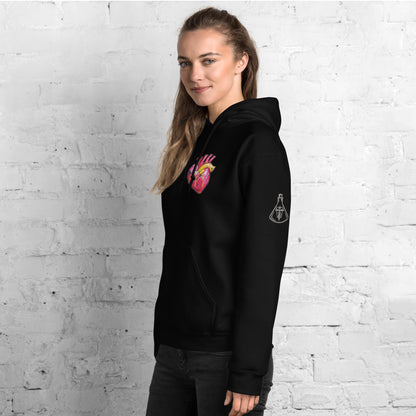 Unisex-Hoodie mit farbigem anatomischem Herzmotiv und MeDenSci-Logo auf dem Ärmel