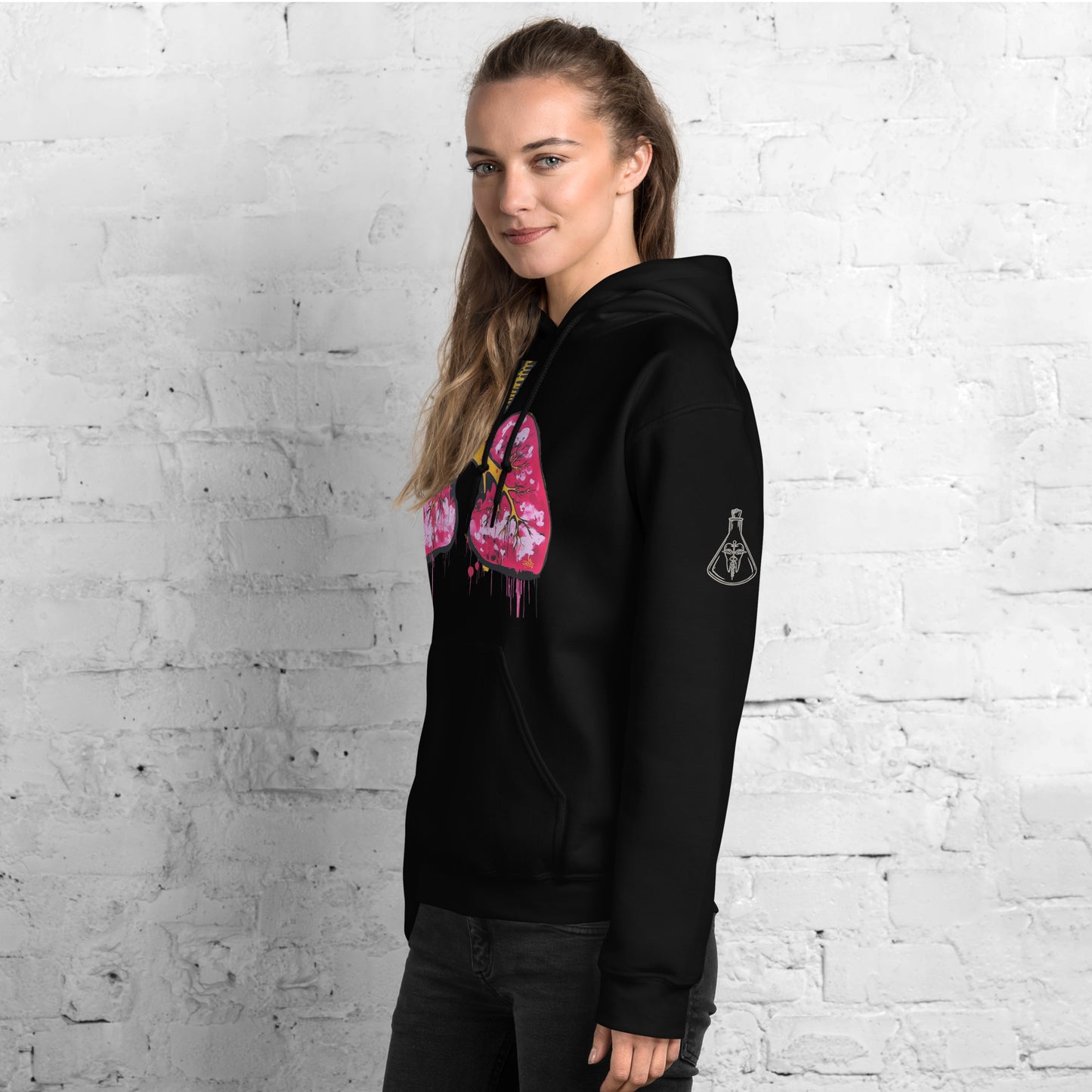 Unisex-Hoodie mit farbigem anatomischem Lungenmotiv und MeDenSci-Logo auf dem linken Ärmel