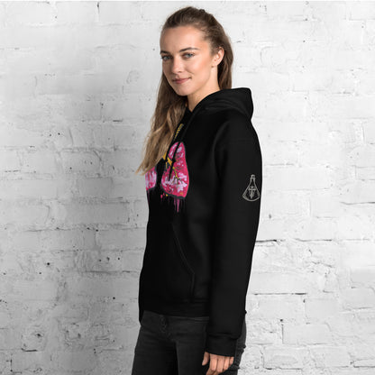 Unisex-Hoodie mit farbigem anatomischem Lungenmotiv und MeDenSci-Logo auf dem linken Ärmel