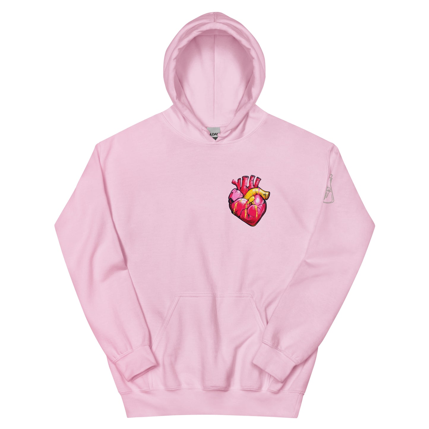 Unisex-Hoodie mit farbigem anatomischem Herzmotiv und MeDenSci-Logo auf dem Ärmel