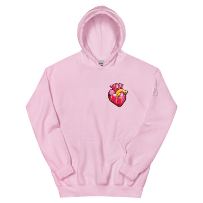 Unisex-Hoodie mit farbigem anatomischem Herzmotiv und MeDenSci-Logo auf dem Ärmel