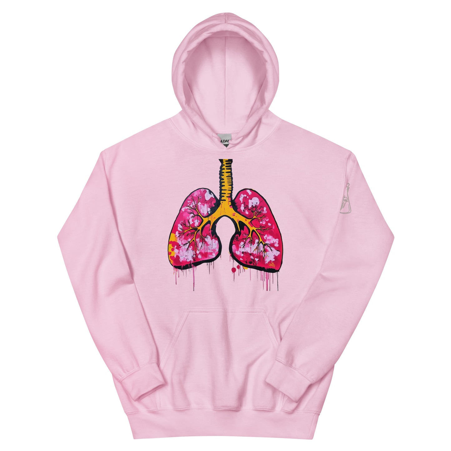 Unisex-Hoodie mit farbigem anatomischem Lungenmotiv und MeDenSci-Logo auf dem linken Ärmel