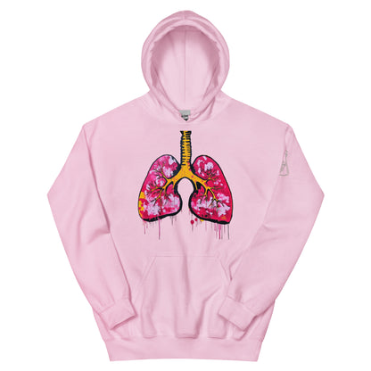 Unisex-Hoodie mit farbigem anatomischem Lungenmotiv und MeDenSci-Logo auf dem linken Ärmel