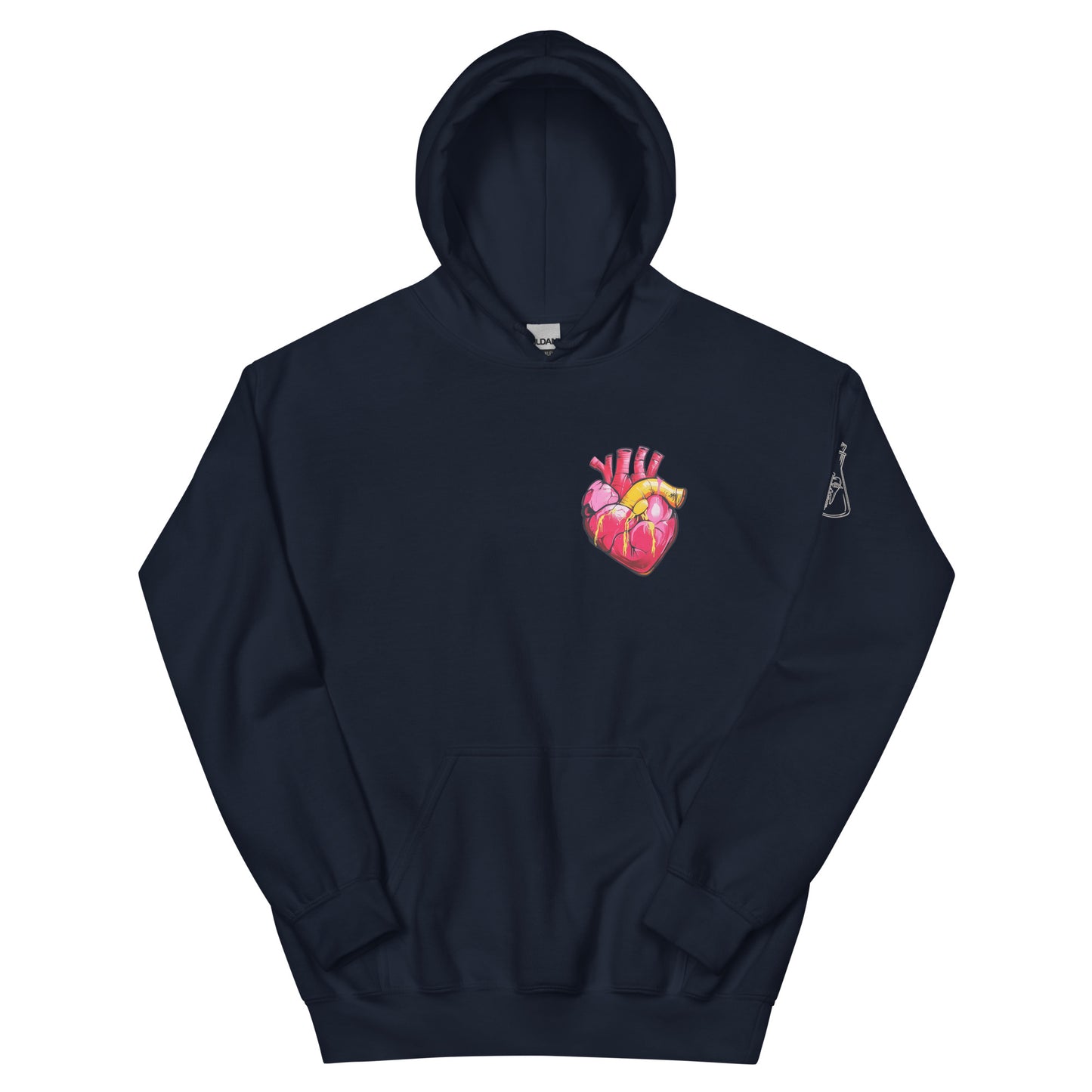 Unisex-Hoodie mit farbigem anatomischem Herzmotiv und MeDenSci-Logo auf dem Ärmel