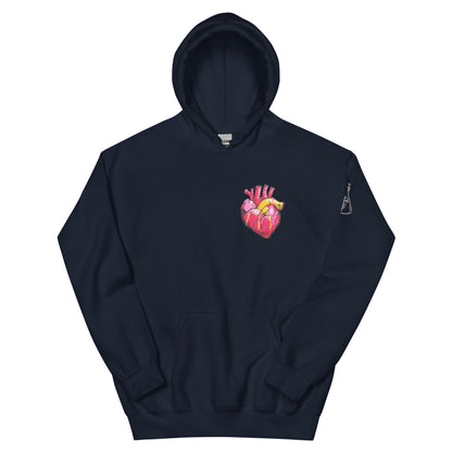 Unisex-Hoodie mit farbigem anatomischem Herzmotiv und MeDenSci-Logo auf dem Ärmel
