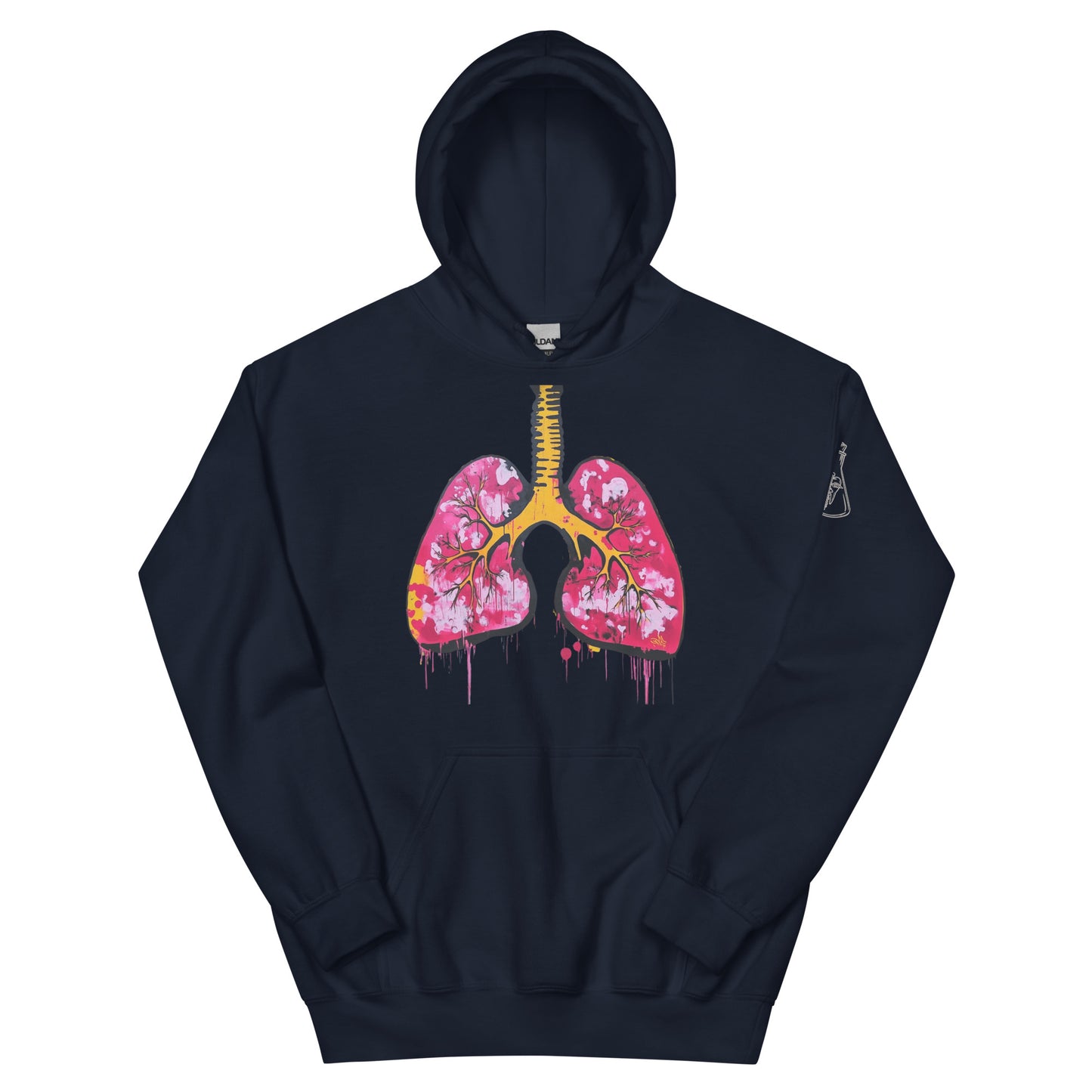 Unisex-Hoodie mit farbigem anatomischem Lungenmotiv und MeDenSci-Logo auf dem linken Ärmel