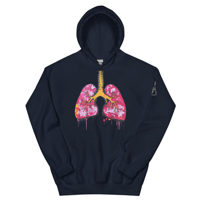 Unisex-Hoodie mit farbigem anatomischem Lungenmotiv und MeDenSci-Logo auf dem linken Ärmel