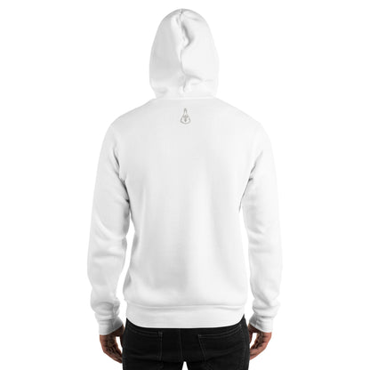 Weißer Unisex-Hoodie mit blauem Zahnmotiv auf der Vorderseite und MeDenSci-Logo auf der Rückseite