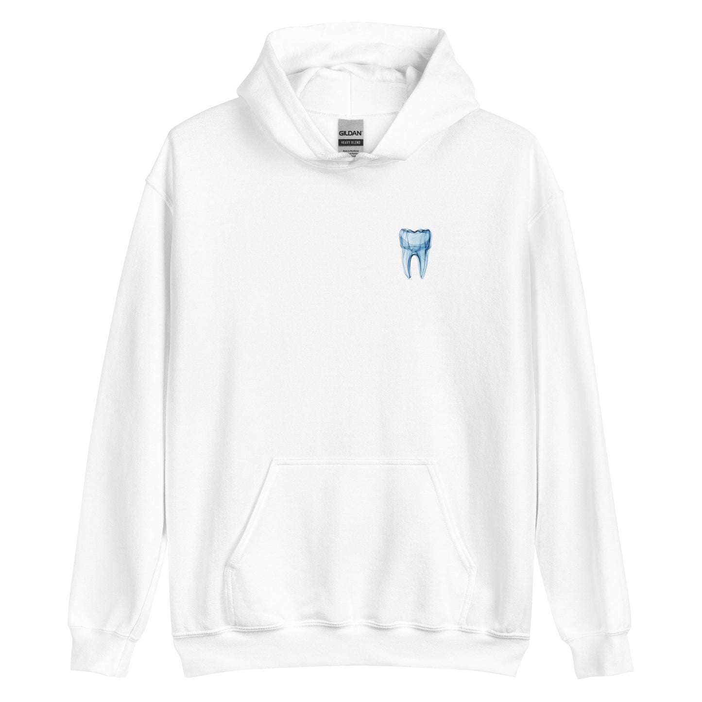 Weißer Unisex-Hoodie mit blauem Zahnmotiv auf der Vorderseite und MeDenSci-Logo auf der Rückseite