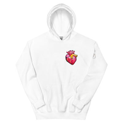 Unisex-Hoodie mit farbigem anatomischem Herzmotiv und MeDenSci-Logo auf dem Ärmel