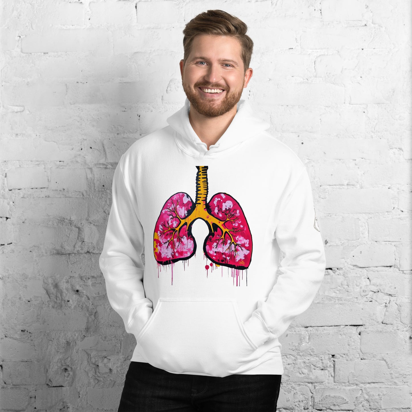 Unisex-Hoodie mit farbigem anatomischem Lungenmotiv und MeDenSci-Logo auf dem linken Ärmel
