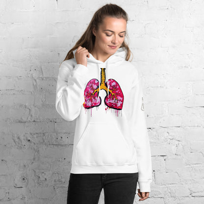 Unisex-Hoodie mit farbigem anatomischem Lungenmotiv und MeDenSci-Logo auf dem linken Ärmel